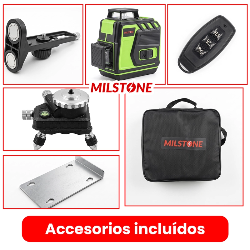 NIVEL LASER LITIO 12 LINEAS 3D - 4D BASE METALICA VERDE MILSTONE - 3