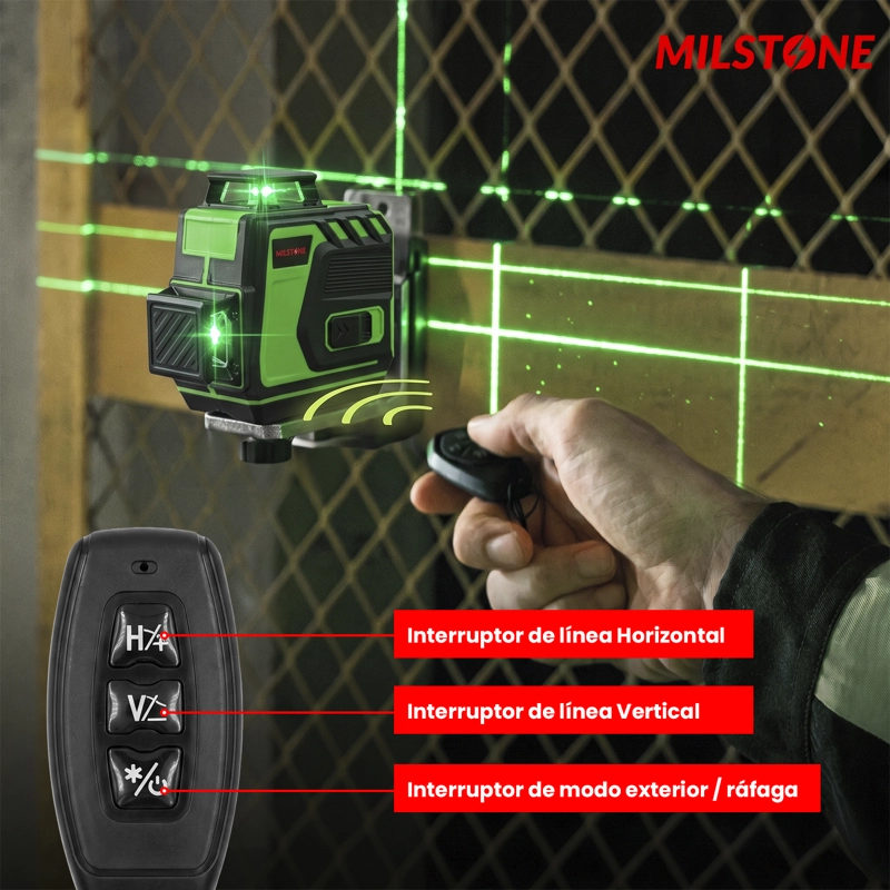 NIVEL LASER LITIO 12 LINEAS 3D - 4D BASE METALICA VERDE MILSTONE - 4
