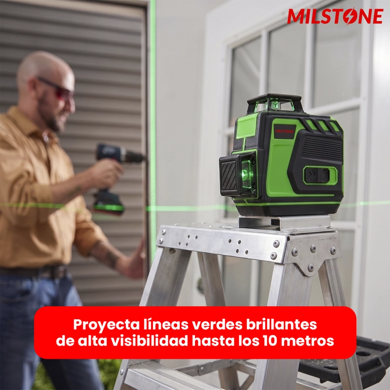 NIVEL LASER LITIO 12 LINEAS 3D - 4D BASE METALICA VERDE MILSTONE - 6