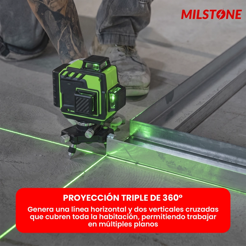 NIVEL LASER LITIO 12 LINEAS 3D - 4D BASE METALICA VERDE MILSTONE - 7