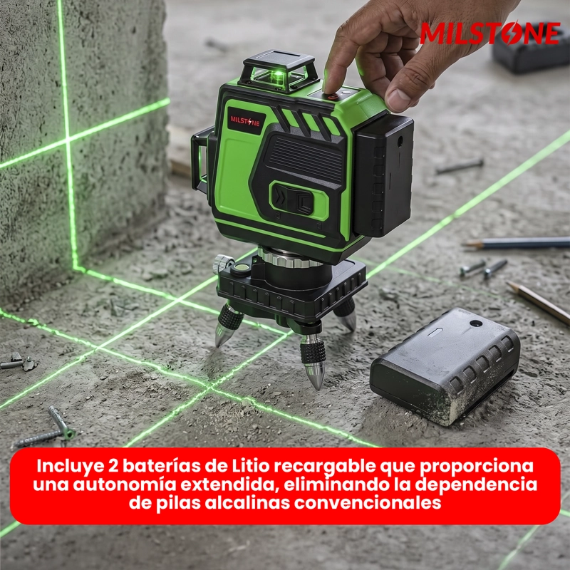 NIVEL LASER LITIO 12 LINEAS 3D - 4D BASE METALICA VERDE MILSTONE - 8