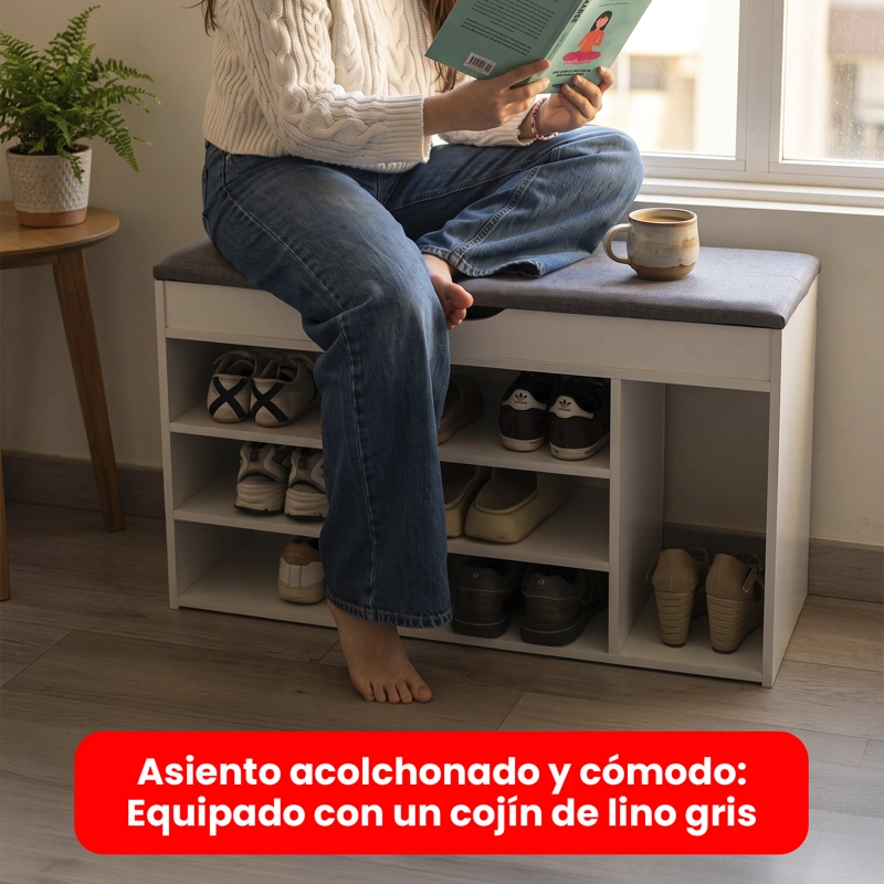 BANCO ZAPATERO ORGANIZADOR CON ASIENTO MDF BLANCO 8-10 PARES - 5