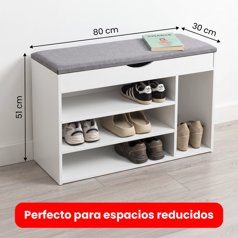 BANCO ZAPATERO ORGANIZADOR CON ASIENTO MDF BLANCO 8-10 PARES - 6