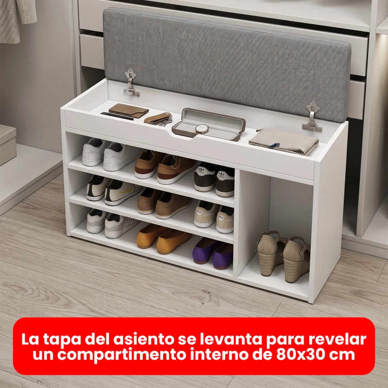 BANCO ZAPATERO ORGANIZADOR CON ASIENTO MDF BLANCO 8-10 PARES - 7