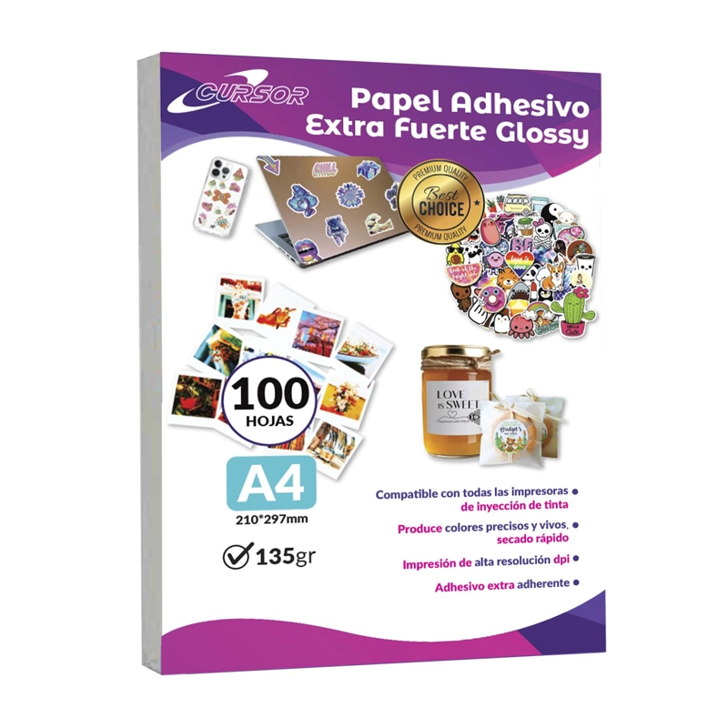 PAPEL ADHESIVO EXTRAFUERTE BRILLANTE A4/135G/100 HOJAS CURSOR - 1