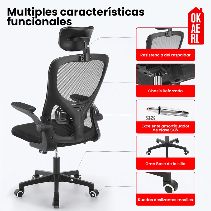 SILLA ERGONOMICA SOPORTE LUMBAR BIONICO REPOSACABEZAS OKAERI AJUSTABLE SILLA DE ESCRITORIO OFICINA E - 5