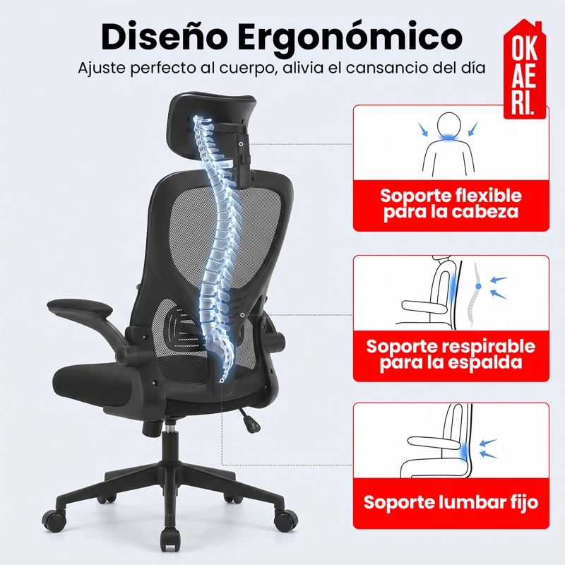 SILLA ERGONOMICA SOPORTE LUMBAR BIONICO REPOSACABEZAS OKAERI AJUSTABLE SILLA DE ESCRITORIO OFICINA E - 6