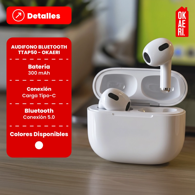 AUDIFONOS TWS BLUETOOTH TT-AP50 INALAMBRICOS CON MICROFONO BLANCO - 2