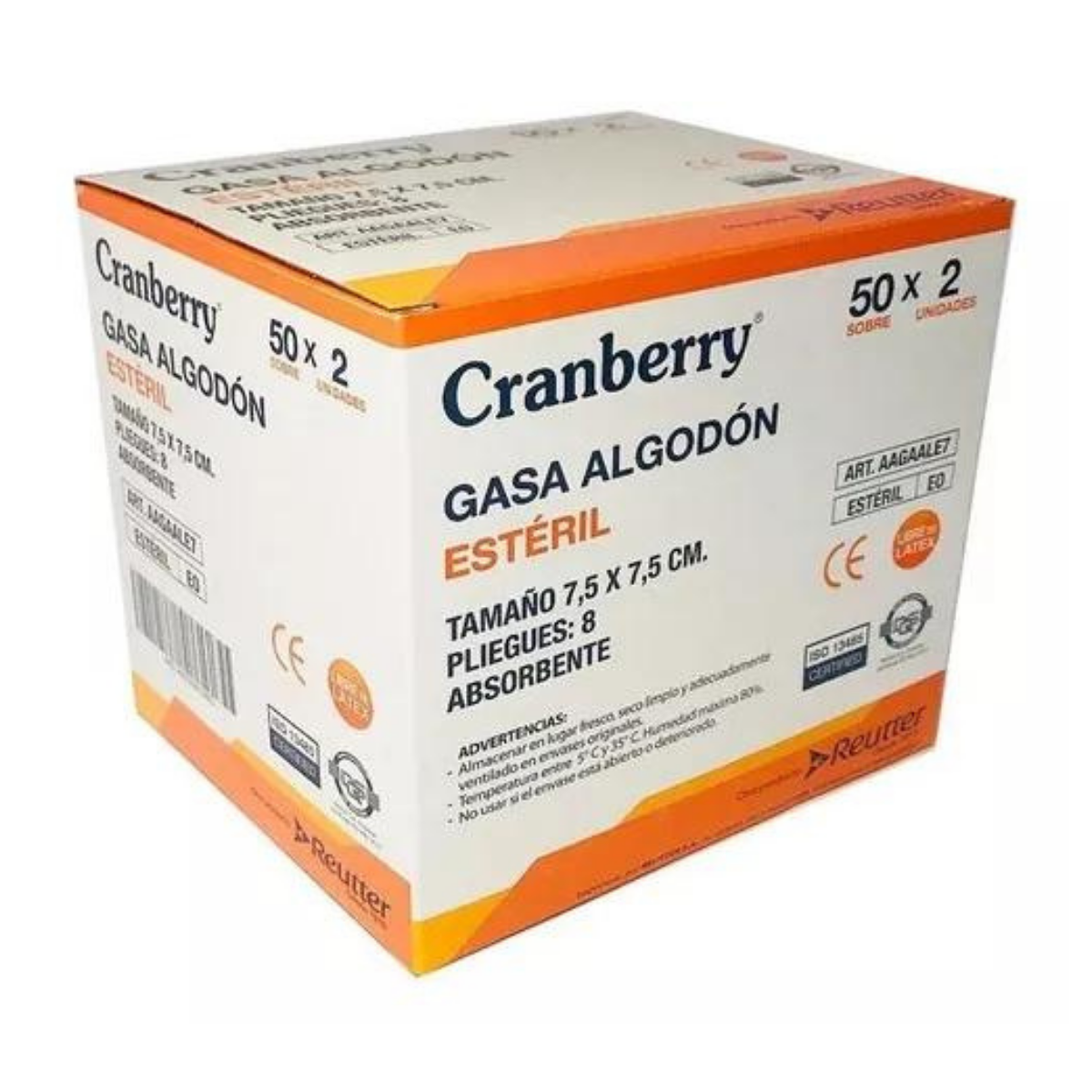 GASA ALGODÓN ESTÉRIL CRANBERRY 7.5X7.5 CAJA 50 SOBRES X 2 UNID. - 1