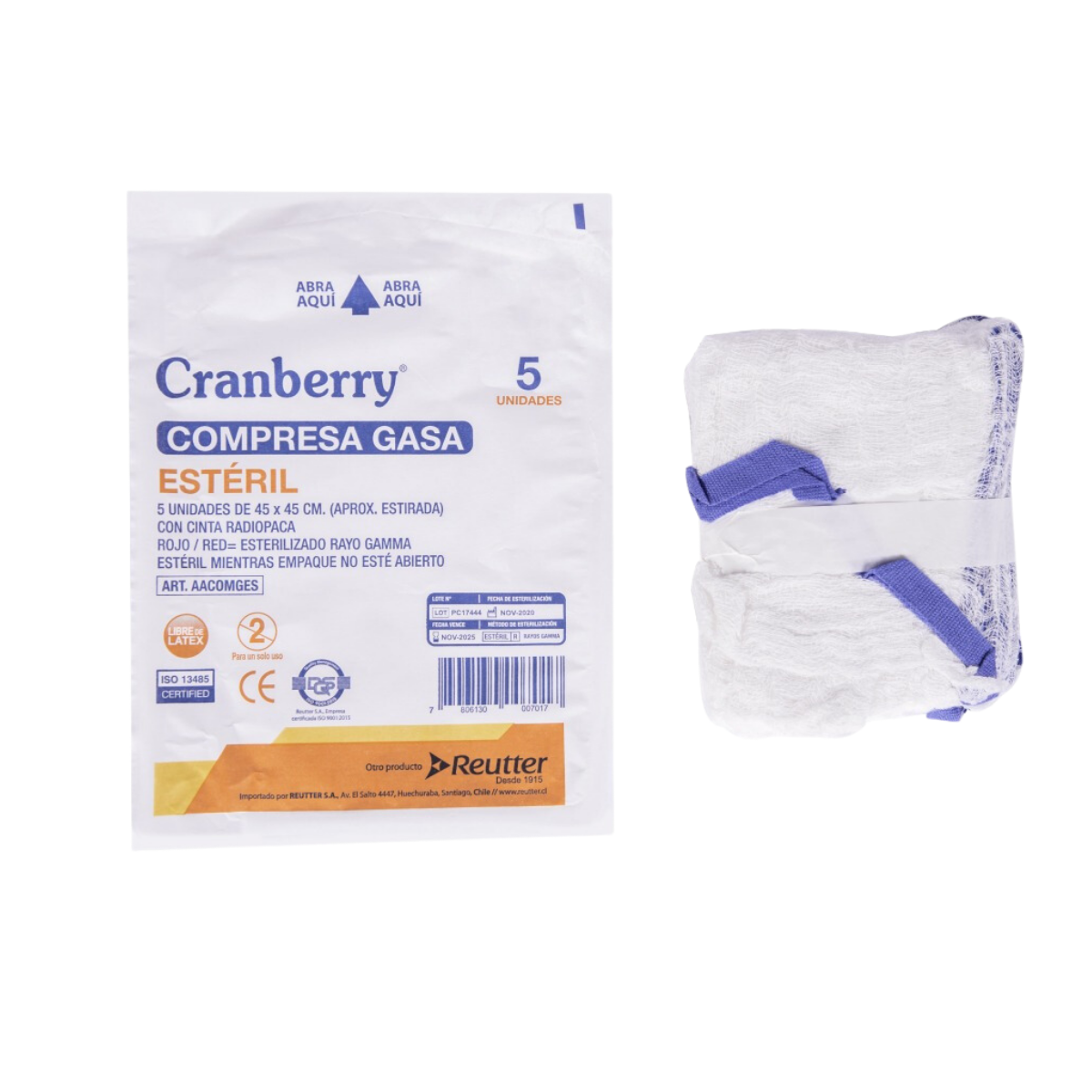 COMPRESA DE GASA ESTÉRIL CRANBERRY 45 X 45 CM ENVASE 5 UN - 1