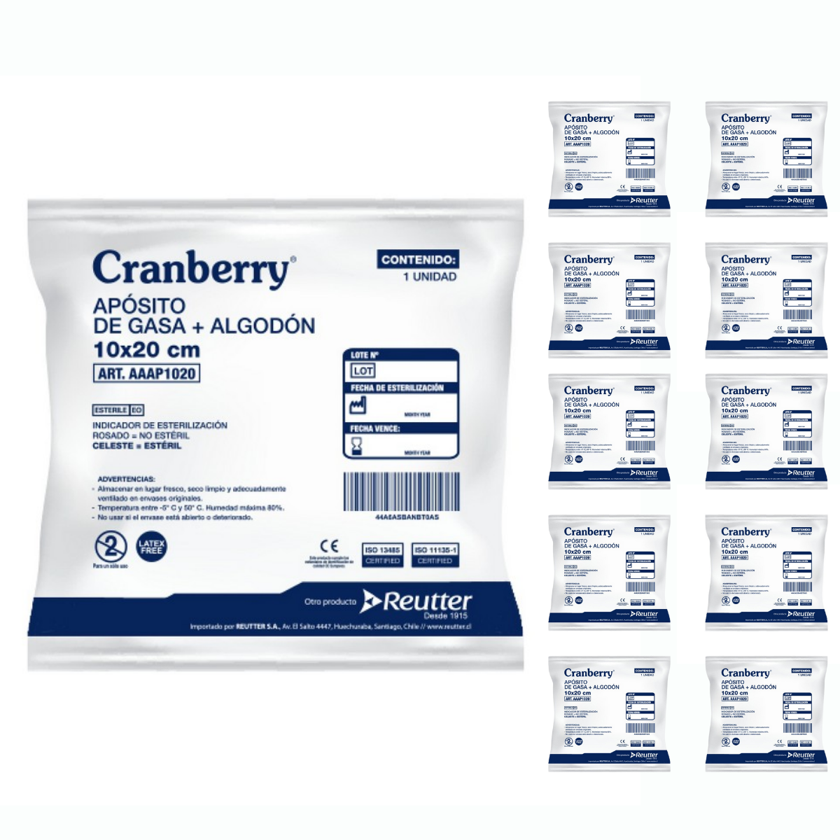 APÓSITO GASA NO TEJIDA CRANBERRY + ALGODÓN ESTÉRIL 10X20 BOLSA 10 UN. - 1
