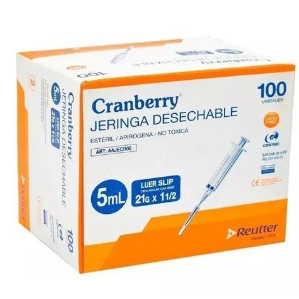 PACK 100 JERINGA CRANBERRY DESECHABLE LUER SLIP 5 CC 21 GR X 1 1/2 CAJA - 1
