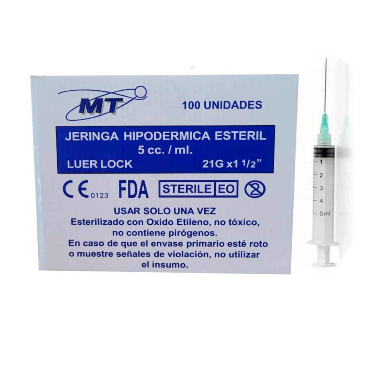 PACK 100 JERINGAS MT CERTIFICADAS LUER LOCK 5 CC 21 GR X 1 1/2 - 1