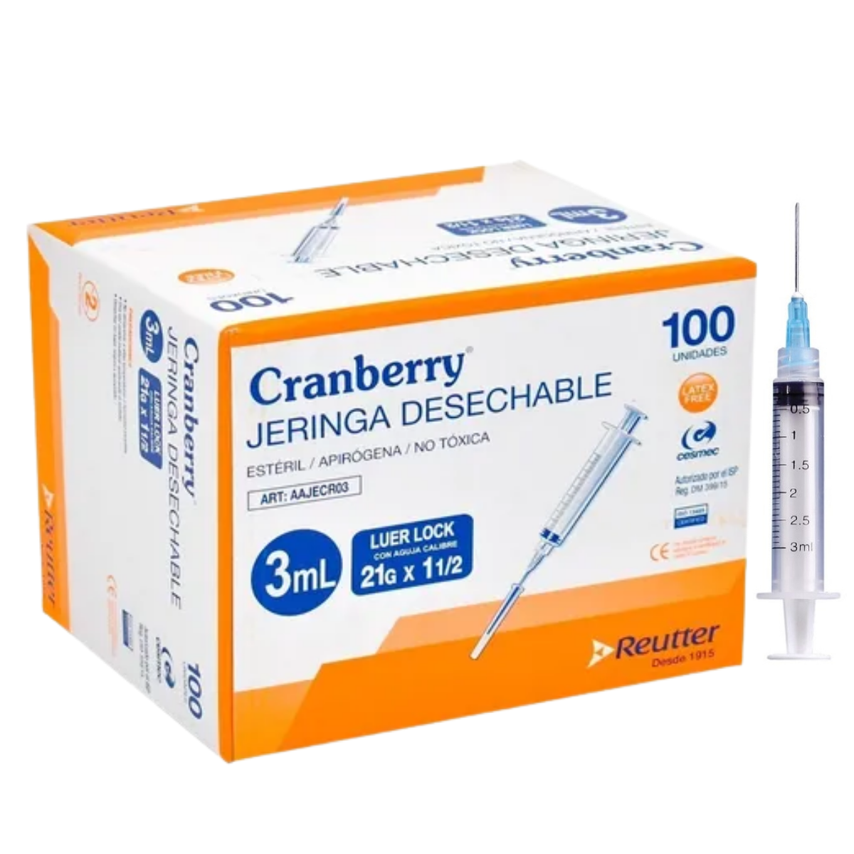 PACK 100 JERINGA CRANBERRY DESECHABLE LUER LOCK 3 ML 21 GR X 1 1/2 CAJA - 1