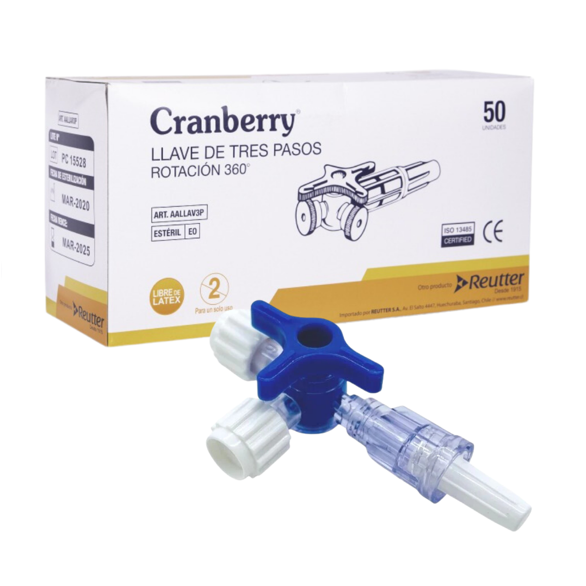 PACK 50 LLAVE CRANBERRY 3 PASOS ROTACIÓN 360 ESTÉRIL CAJA - 1