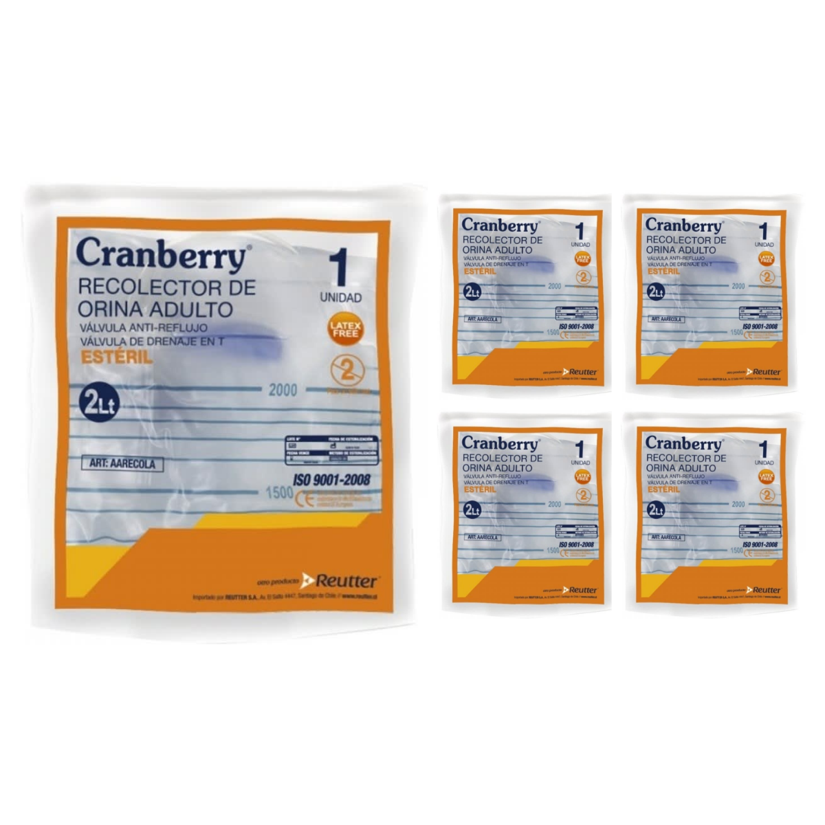 RECOLECTOR ORINA CRANBERRY ADULTO ESTÉRIL 2 LTS PACK 5 UN - 1