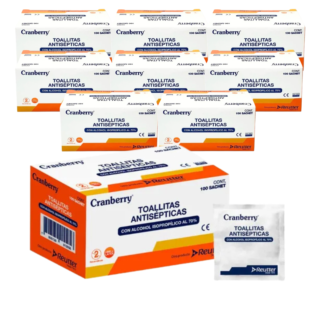 PACK 10 CAJAS TOALLITAS CON ALCOHOL CRANBERRY ISOPROPILICO 100 UN - 1