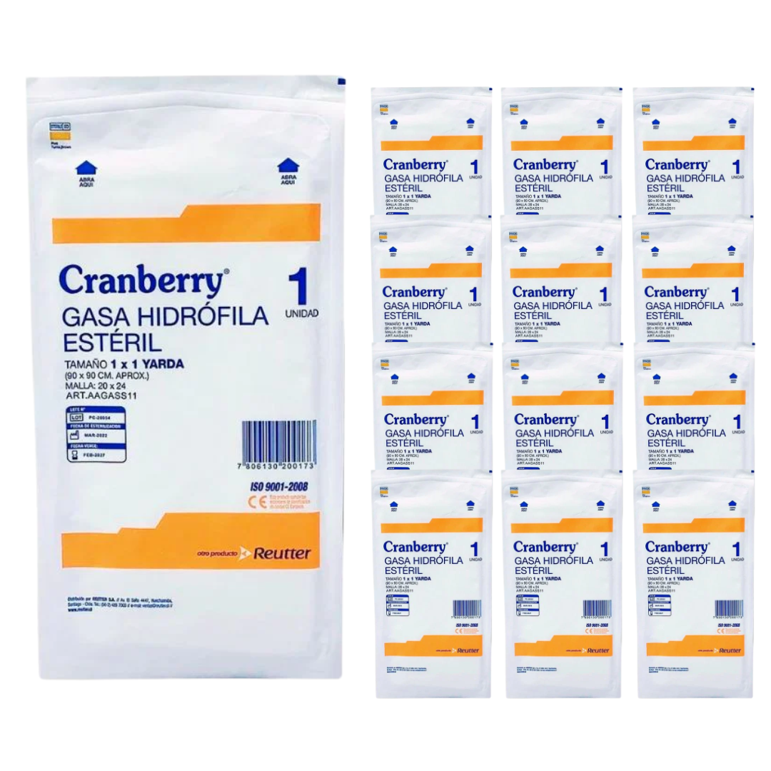 GASA HIDRÓFILA ESTÉRIL 1X1 YARDA (90X90) BOLSA 12 UN. CRANBERRY - 1