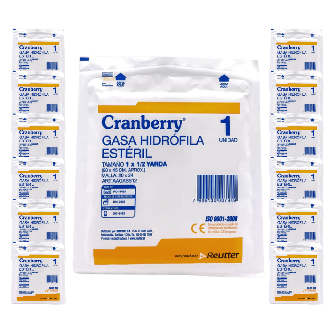 GASA HIDRÓFILA ESTÉRIL 1X1/2 YARDA (90X43) BOLSA 12 UN. CRANBERRY - 1