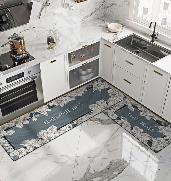SET 2 ALFOMBRAS BJ HOGAR ANTIDESLIZANTE CONTEMPORÁNEA MODERNA PISO COCINA ELABORATE GRIS AZULADO - 1