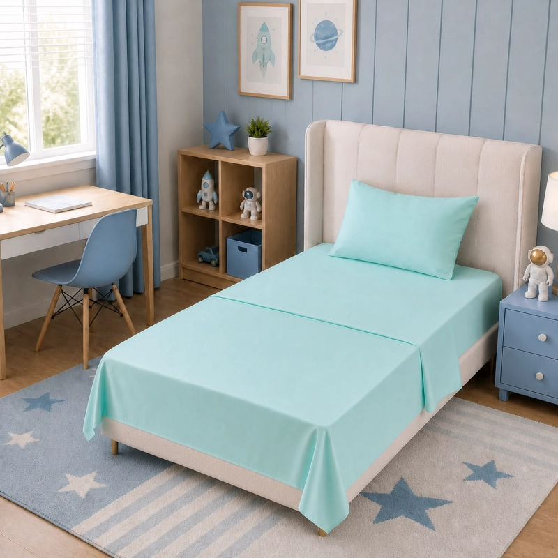 SET SÁBANA BJ HOGAR 1.5 PLAZAS 144 HILOS CELESTE LISO - 1