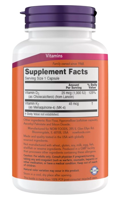 NOW FOODS VITAMINA D3 & K2 - 180 CAPSULAS - 2