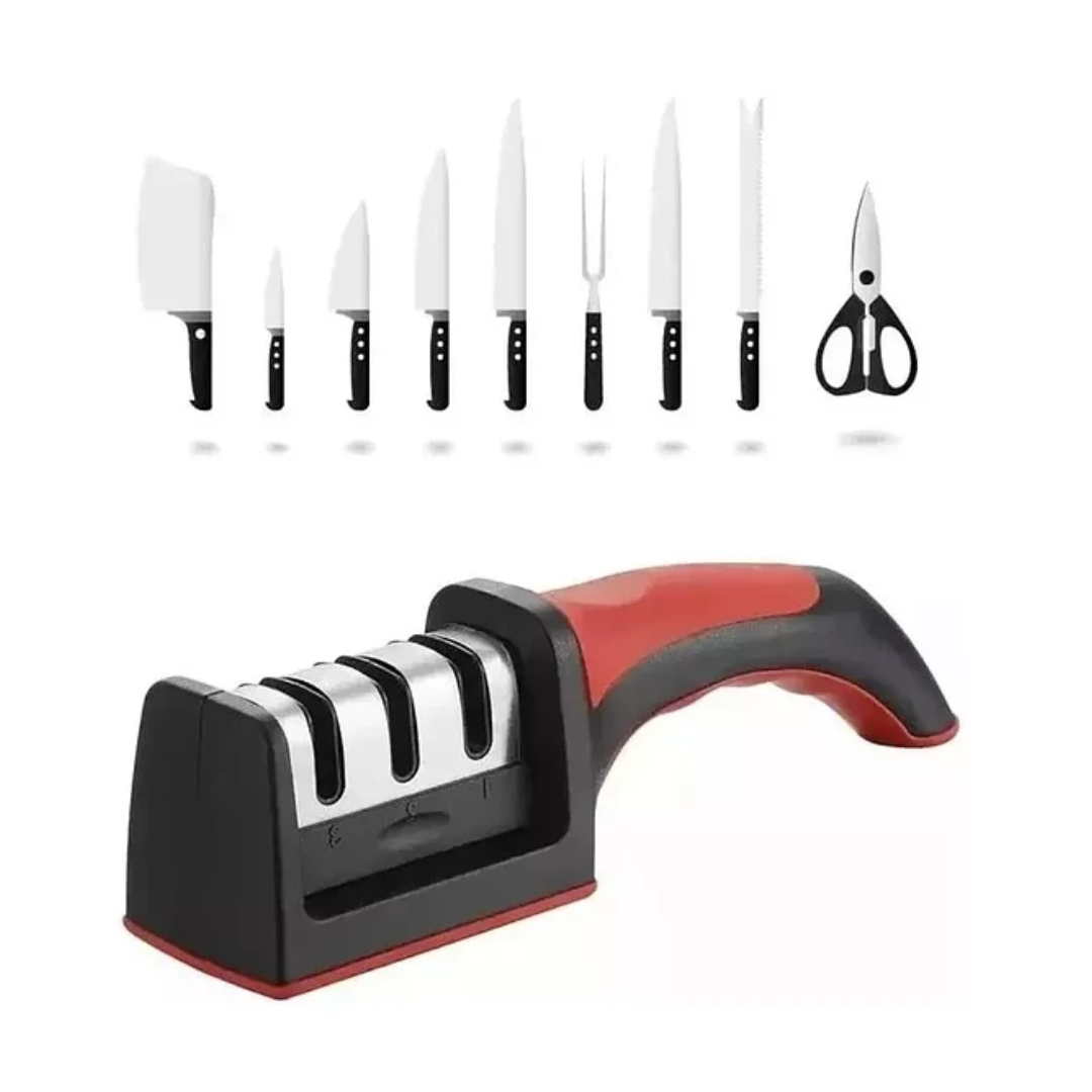 AFILADOR DE CUCHILLOS MANUAL DE 3 ETAPAS CON HERRAMIENTA | ROJO - 1