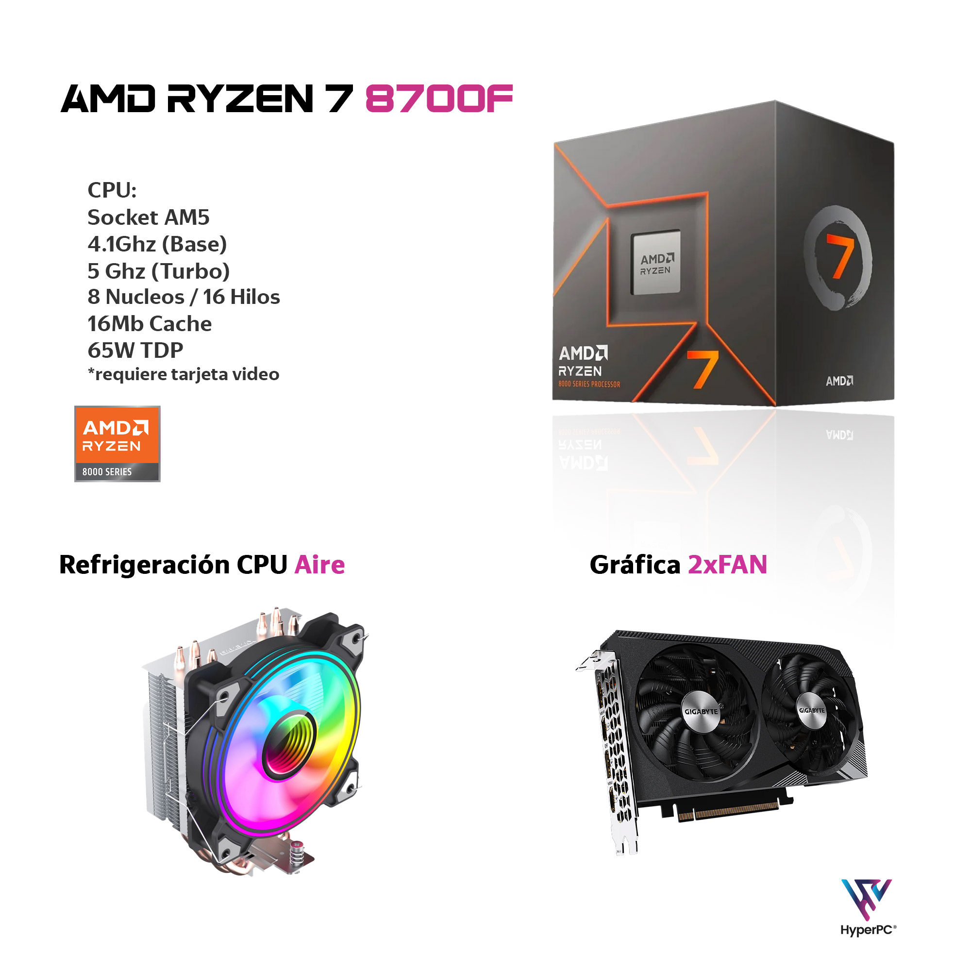 PC GAMER BLANCO AMD RYZEN 7 8700 16GB DDR5 1TB RX 7600 - 3