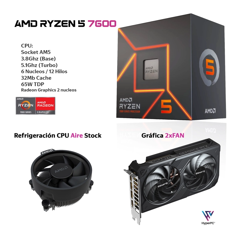 PC GAMER AMD RYZEN 5 7600 16GB DDR5 500GB RX7600 - 3