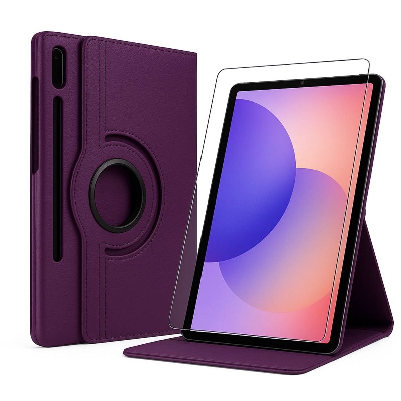CARCASA FUNDA GIRATORIA PARA TABLET SAMSUNG S9 FE 10.9 MORADO + VIDRIO - 1