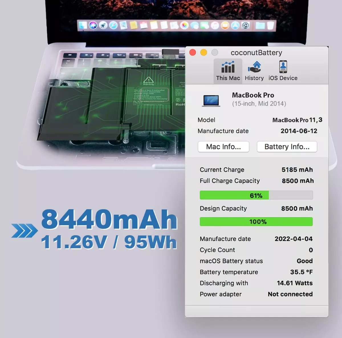 BATERÍA A1494 A1618 PARA MACBOOK PRO RETINA 15 A1398 NUEVA - 5