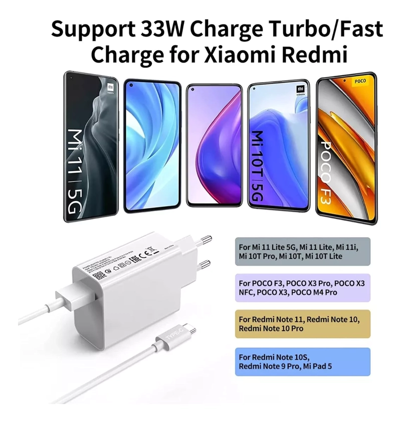 CARGADOR TURBO 33W+ CABLE USB C 2MTS XIAOMI MI 11 LITE, 10T - 2