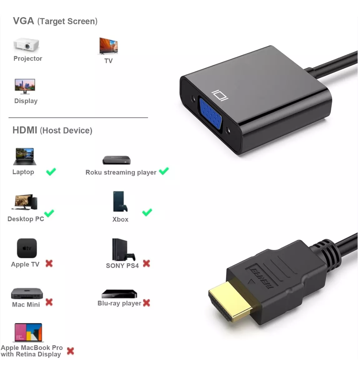 ADAPTADOR CABLE CONVERSOR HDMI A VGA 1080 FULL HD RESISTENTE - 2