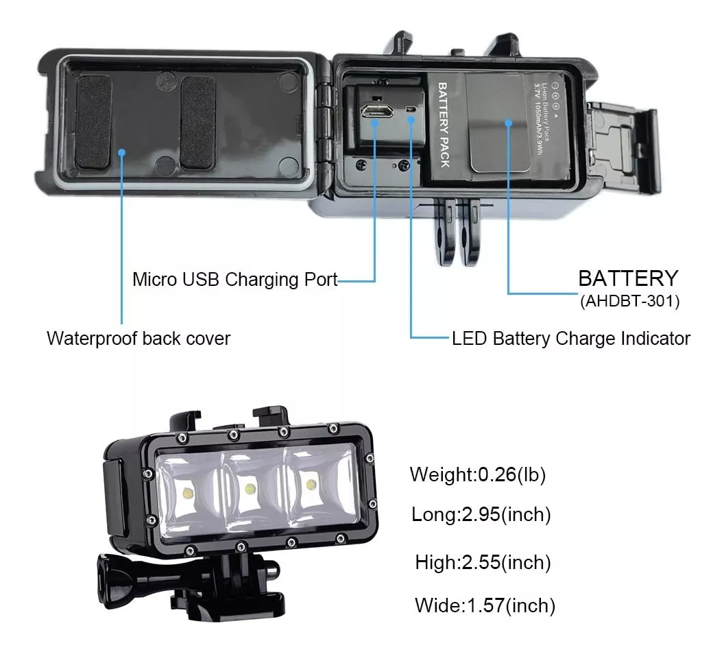 FOCO LED SUMERGIBLE PARA GOPRO HERO 12 11 10 9 MAX POTENTE - 2