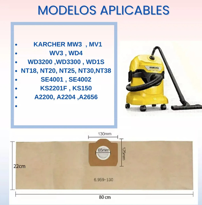 SET 5 BOLSAS PAPEL ASPIRADORA PARA KARCHER WD3-SE4001-NT 20 - 2