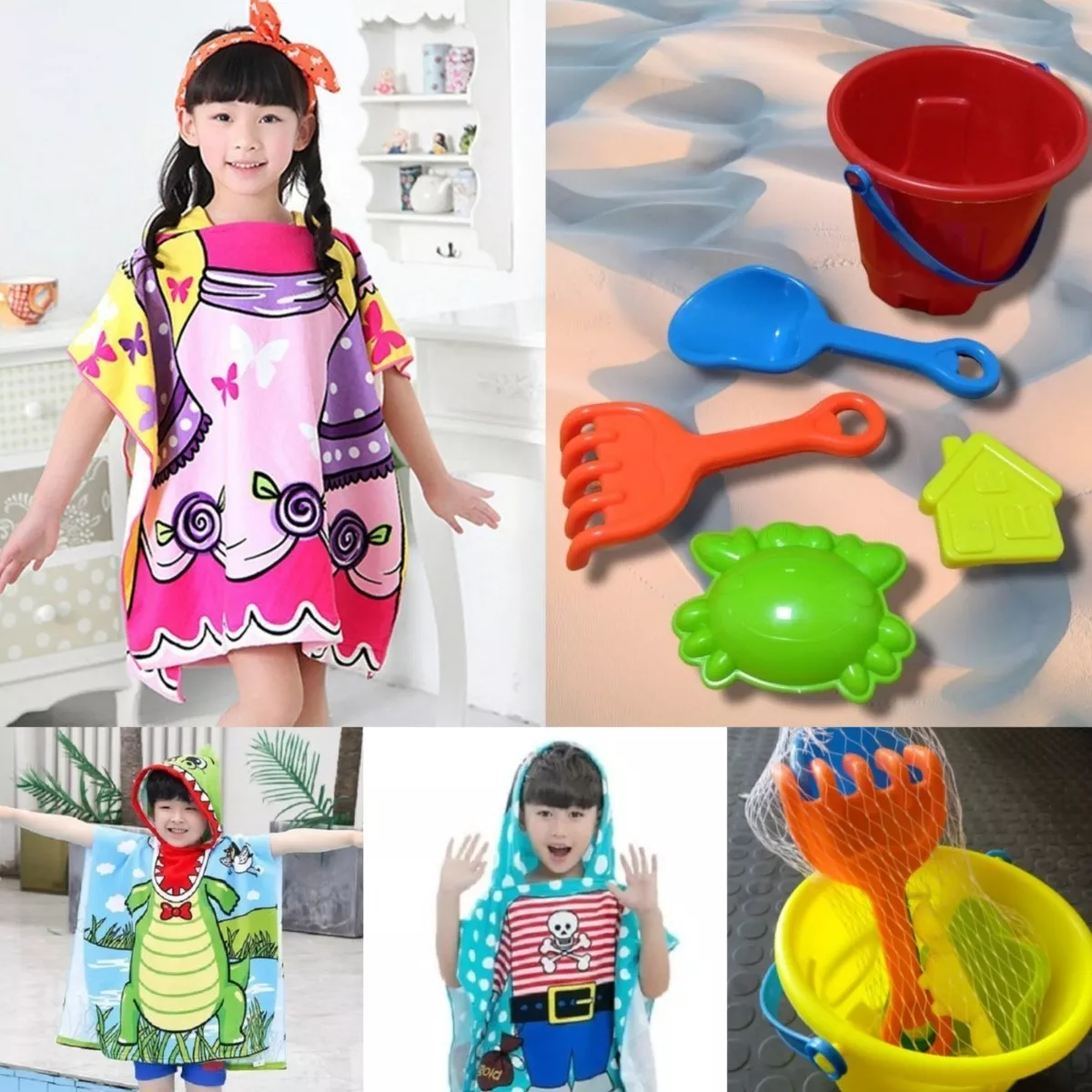 SET TUTIHOGAR BALDE PLAYA 5 PIEZAS + TOALLA CON CAPUCHA - 1