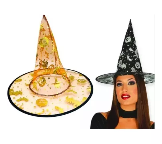 SOMBRERO BRUJA TRANSPARENTE CON DORADO O PLATEADO HALLOWEEN - 1