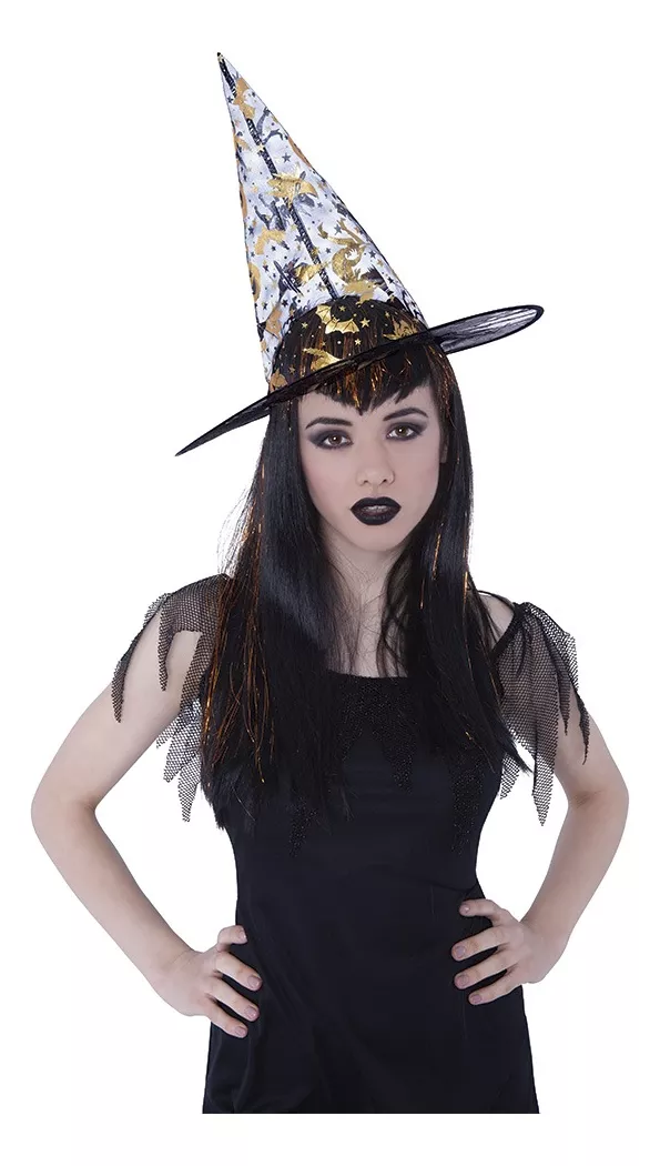 SOMBRERO BRUJA TRANSPARENTE CON DORADO O PLATEADO HALLOWEEN - 4