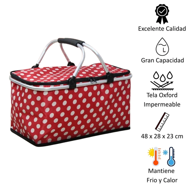 BOLSO AUCKLAND OUTDOOR TÉRMICO PLEGABLE PUNTOS ROJOS COOLER CANASTA PICNIC - 2