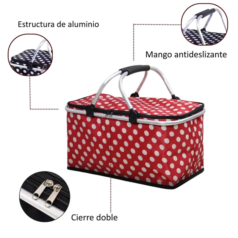 BOLSO AUCKLAND OUTDOOR TÉRMICO PLEGABLE PUNTOS ROJOS COOLER CANASTA PICNIC - 3