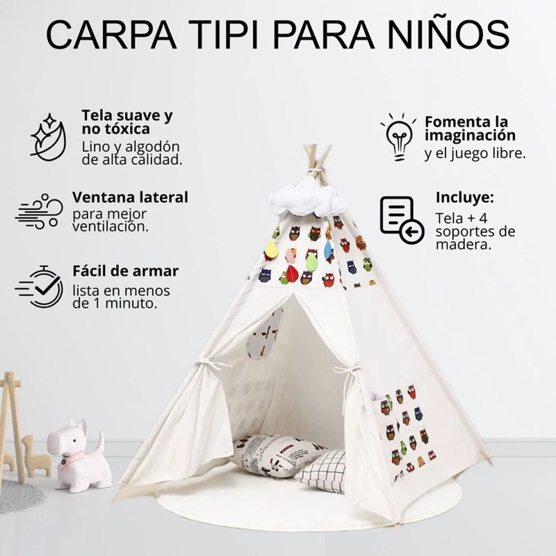 CARPA TIPI NIÑOS INFANTIL 160 CM BUHOS JUGUETE DECORACION - 4