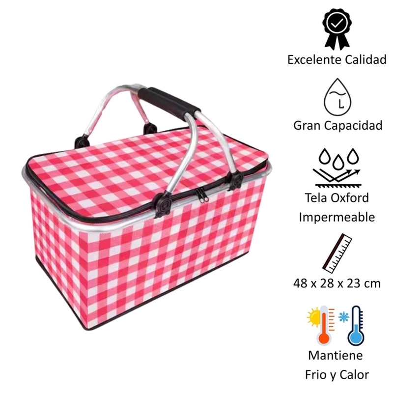 BOLSO AUCKLAND OUTDOOR TÉRMICO PLEGABLE CUADROS ROJOS COOLER CANASTA PICNIC - 2