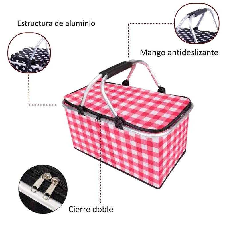 BOLSO AUCKLAND OUTDOOR TÉRMICO PLEGABLE CUADROS ROJOS COOLER CANASTA PICNIC - 3