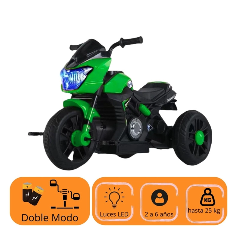 MOTO NIÑO ANTIVUELCO A BATERIA RECARGABLE LUZ Y SONIDO GREEN - 2