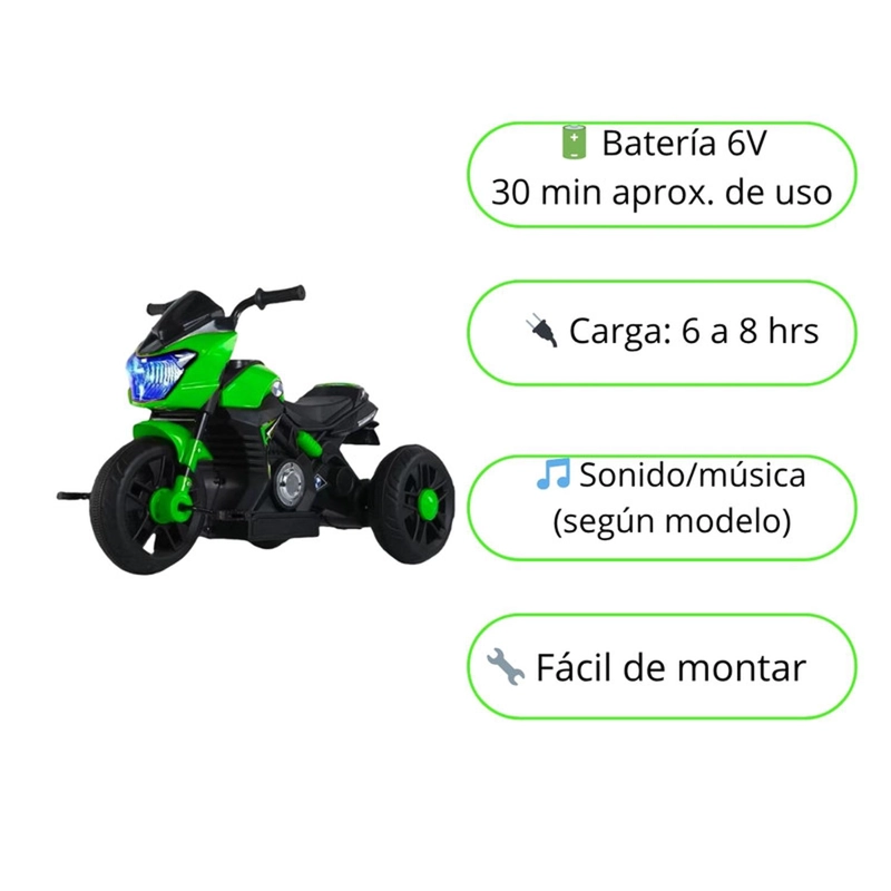 MOTO NIÑO ANTIVUELCO A BATERIA RECARGABLE LUZ Y SONIDO GREEN - 3