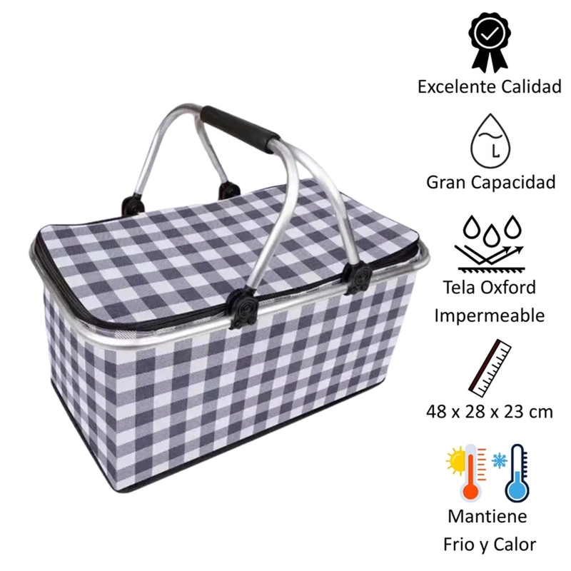 BOLSO KIVARA TÉRMICO PLEGABLE CUADROS NEGROS COOLER CANASTA PICNIC PA-BJ-024-CUNE - 2