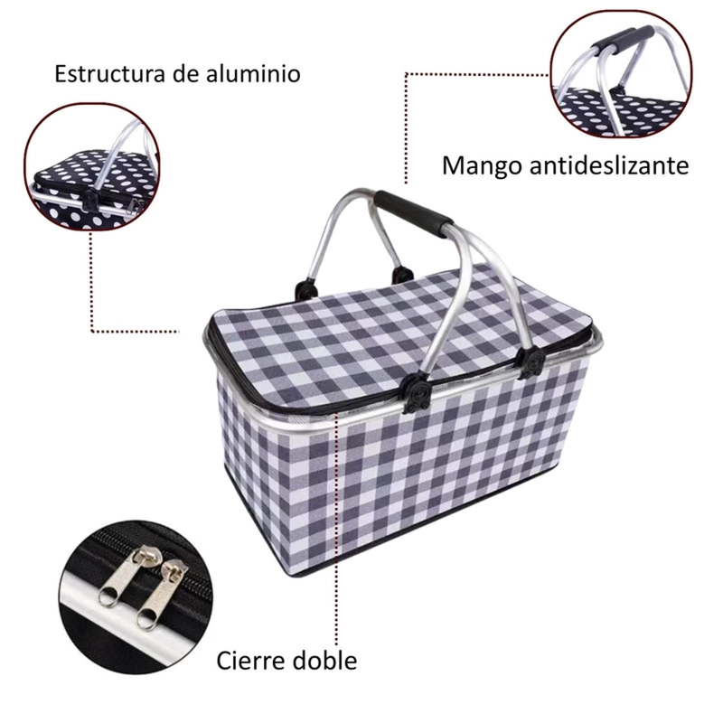 BOLSO KIVARA TÉRMICO PLEGABLE CUADROS NEGROS COOLER CANASTA PICNIC PA-BJ-024-CUNE - 3