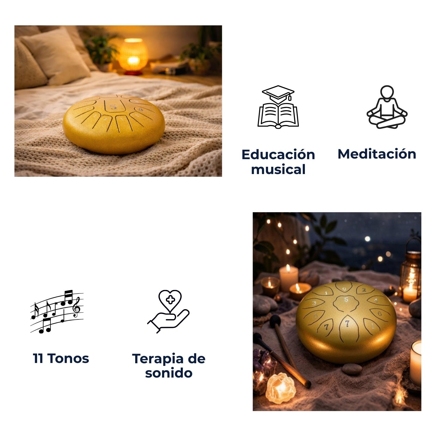TAMBOR MOBII LENGUA ACERO MEDITACIÓN Y YOGA 6” 11 TONOS DORADO - 7