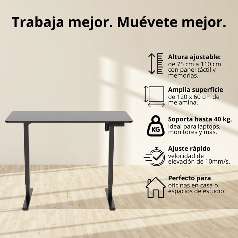 ESCRITORIO ELECTRICO ALTURA AJUSTABLE NEGRO OFICINA 120X60 CM MODERNO - 4