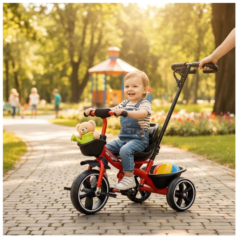 TRICICLO INFANTIL MANGO DE EMPUJE ALTO ASIENTO GRANDE ROJO - 3